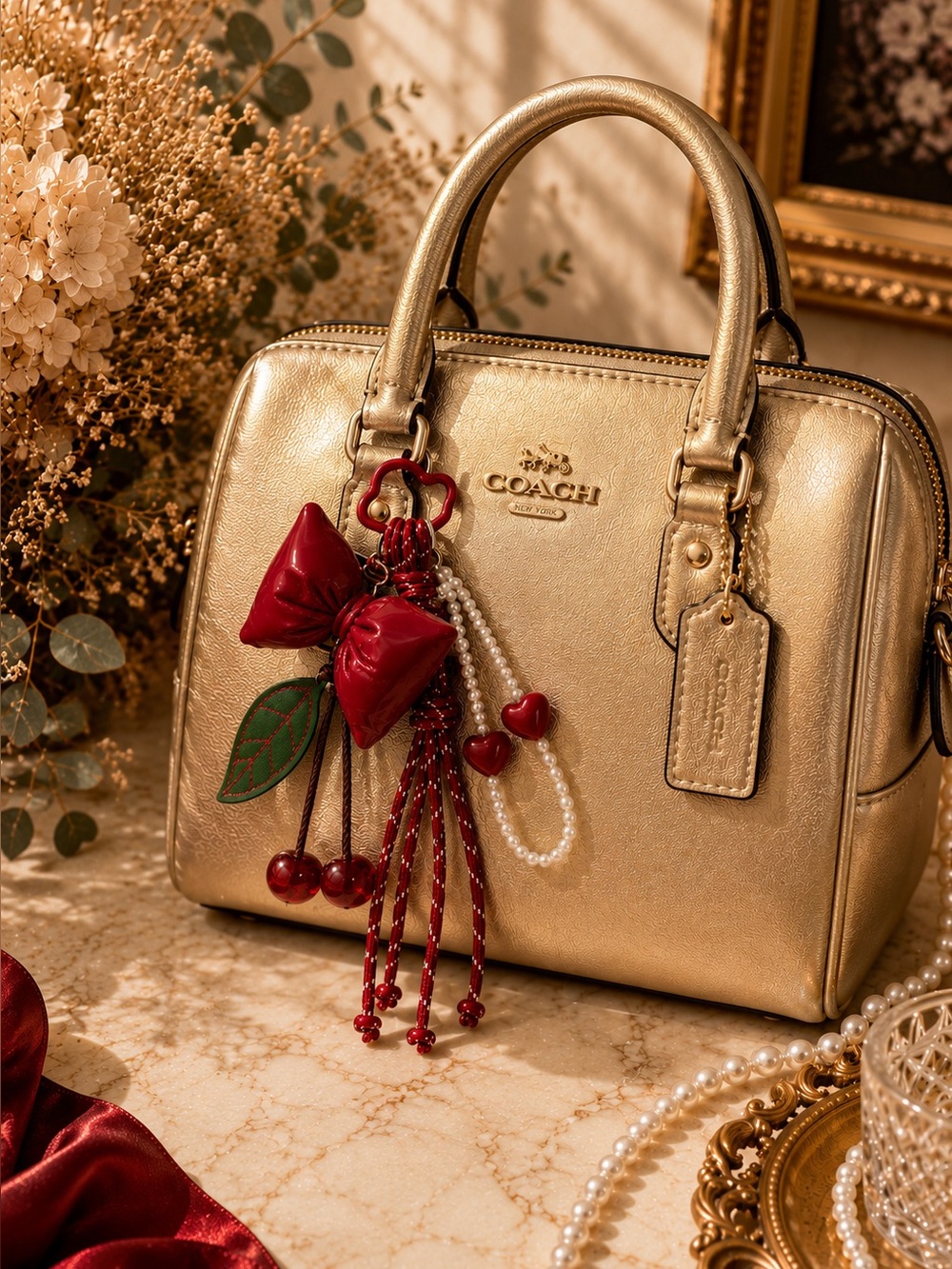Cherry Heritage Bow & Pearl Cluster Bag Charm | Heart Keychain - Picture 2 of 4